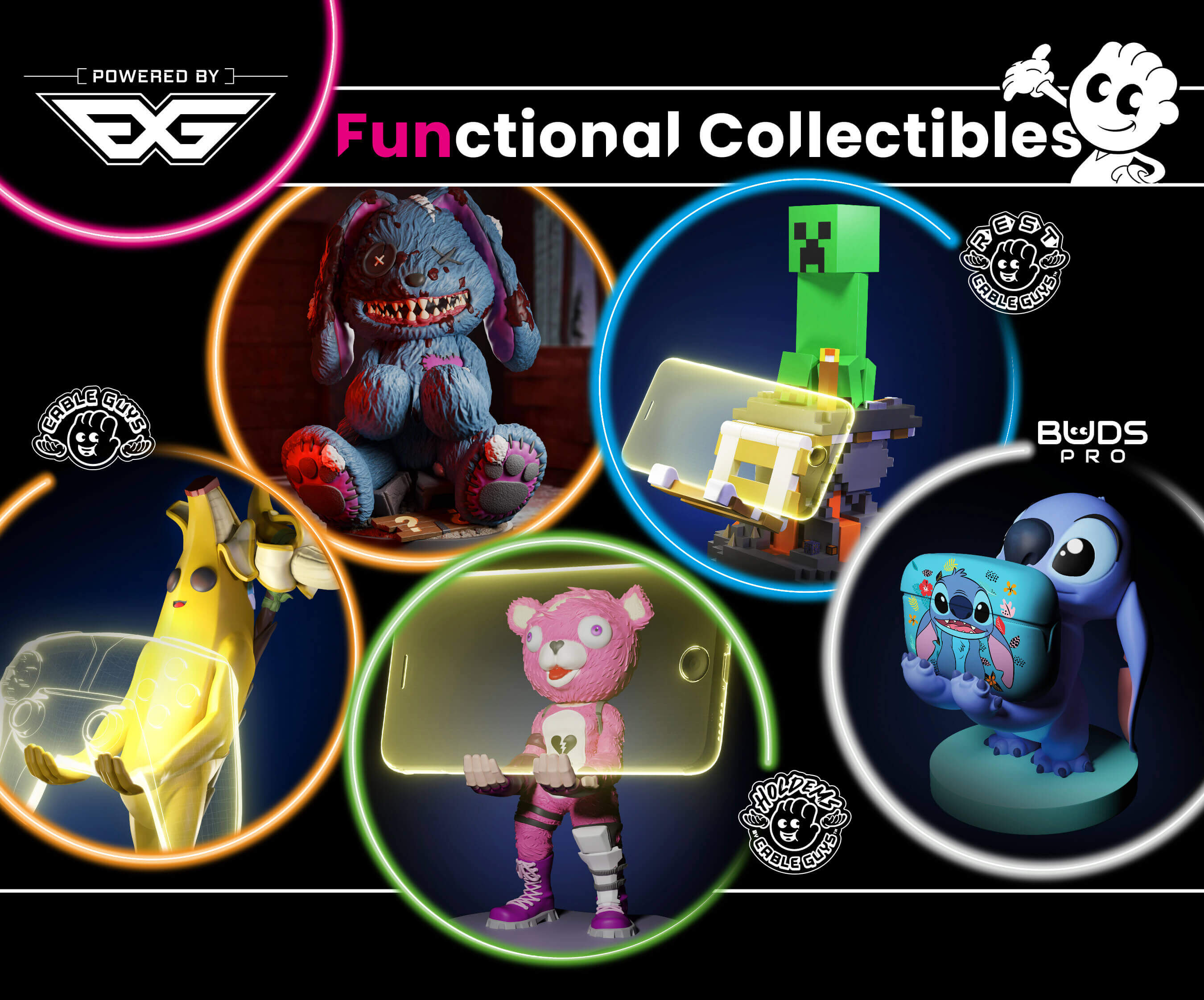 Promotional banner from EXG showcasing 'Functional Collectibles'—stylized figurines holding devices. Featured characters include a scary blue bunny, a Minecraft Creeper, Stitch from Lilo & Stitch, Fortnite’s Peely and Cuddle Team Leader, each holding gaming controllers or phones. Circular neon frames highlight each figure, with logos for EXG, Cable Guys, Rest Cable Guys, and Buds Pro.